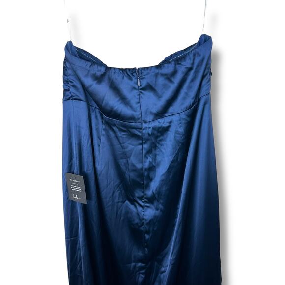 Lulus NWT Memorable Entrance Dark Blue Strapless Satin Pleated Maxi Gown Dress - Picture 9 of 12